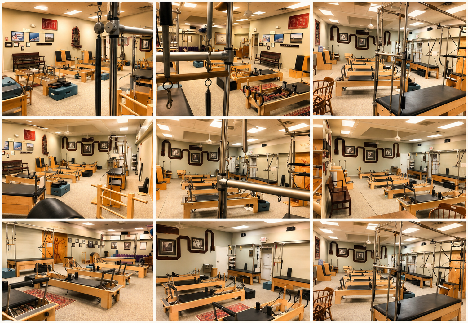 Collage of the Studio Pilates interior showing reformers, cadillac, and classical equipment